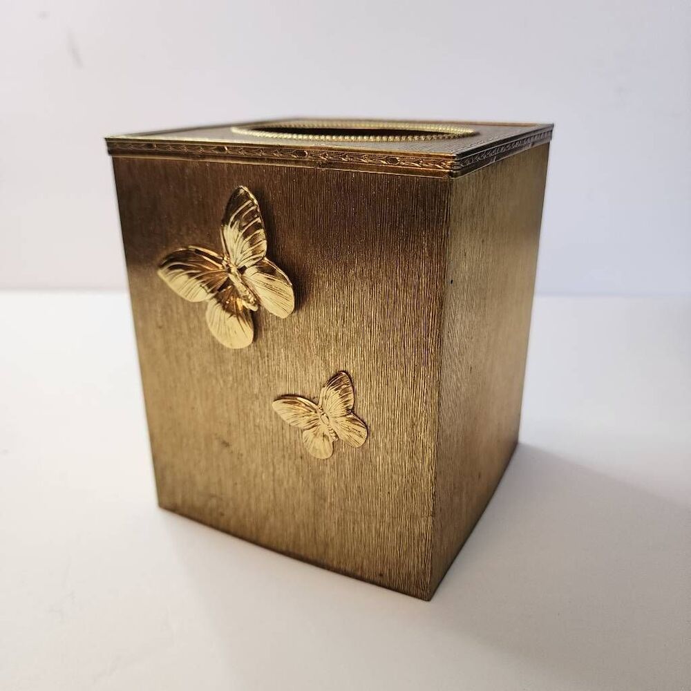 Vintage Stylebuilt Tissue Box 24K Gold Plated Finish Adorned with Brass Butterfl